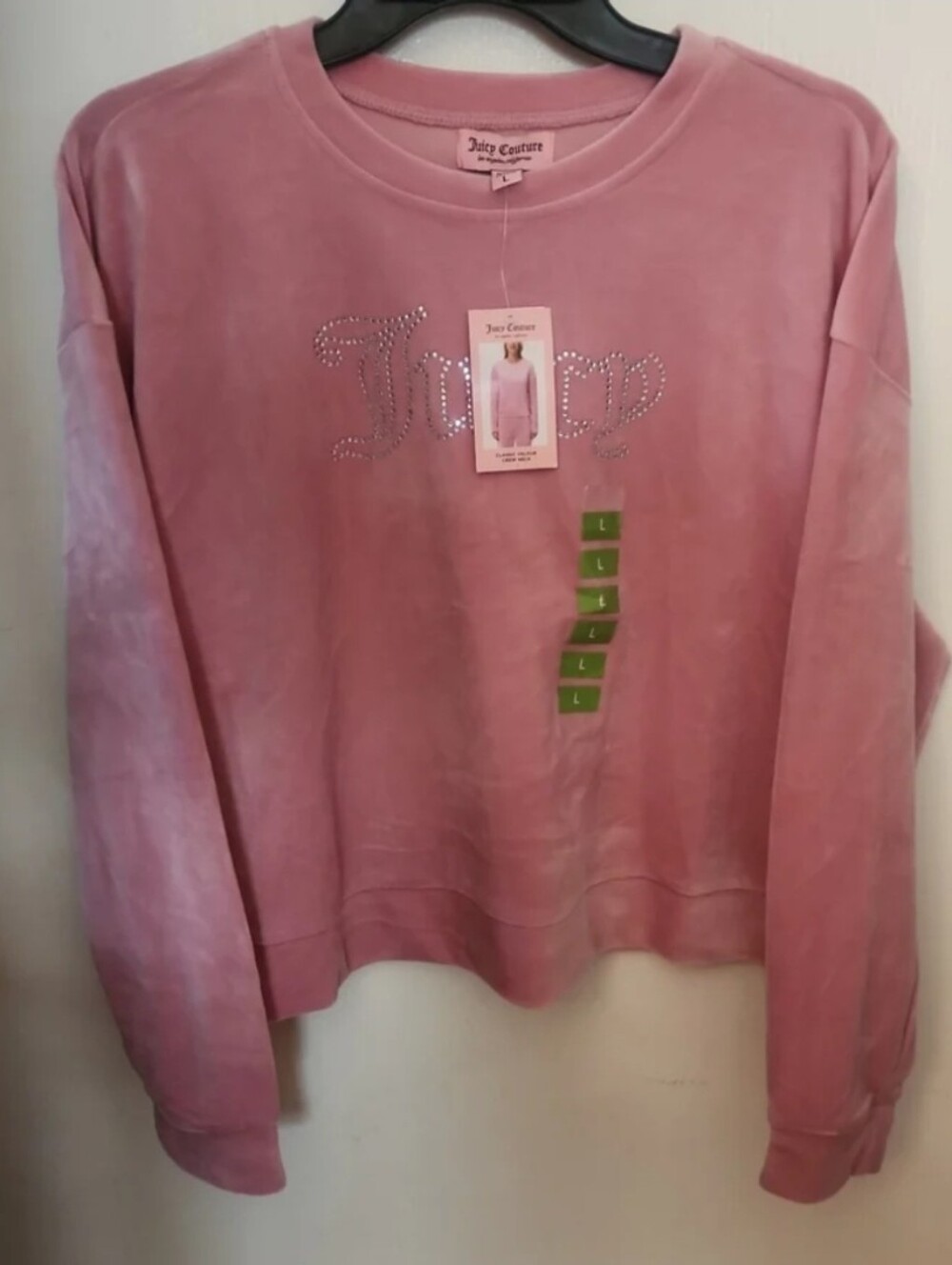 Juicy Couture Crew Neck Velour Light Pink SOFT Long Sleeve Velvet Shirt LARGE